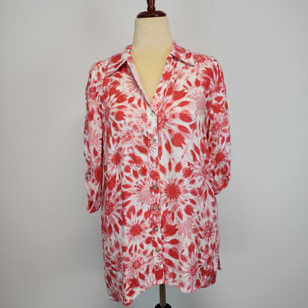 Ruby Rd Womens Floral Rayon Tunic Top Size M Red Button Up Relaxed Fit Coastal